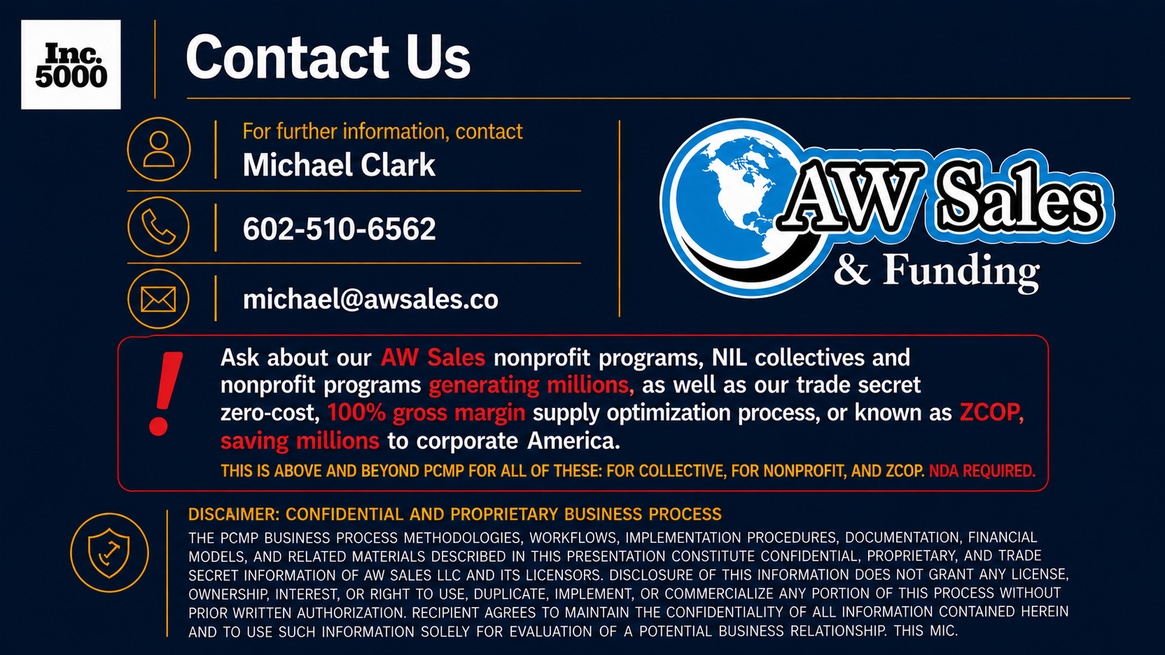 Contact Us — Michael Clark, AW Sales and Funding, 602-510-6562, michael@svgdba.com