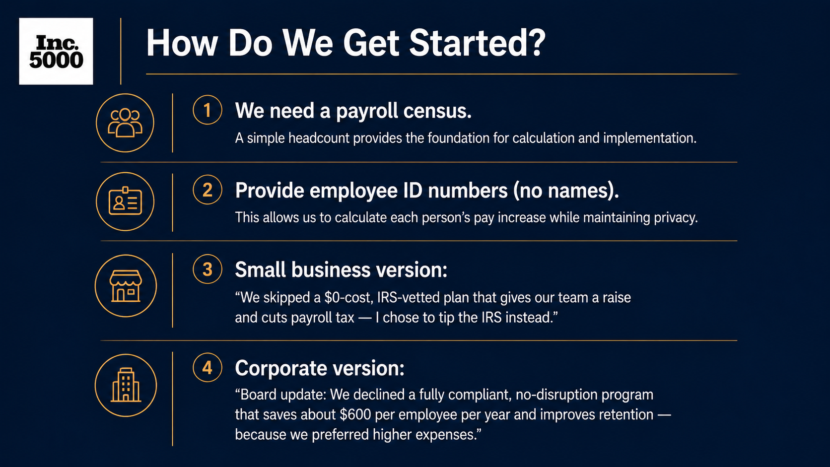 How Do We Get Started — Payroll Census, Employee IDs, Small Business and Corporate Versions