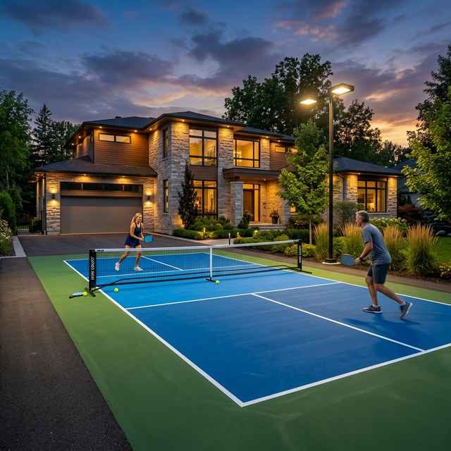 Pickleball court at dusk with modern home