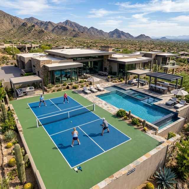 Aerial view of desert home with sport court
