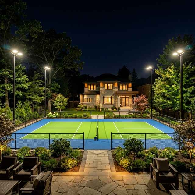 Illuminated backyard pickleball court at night